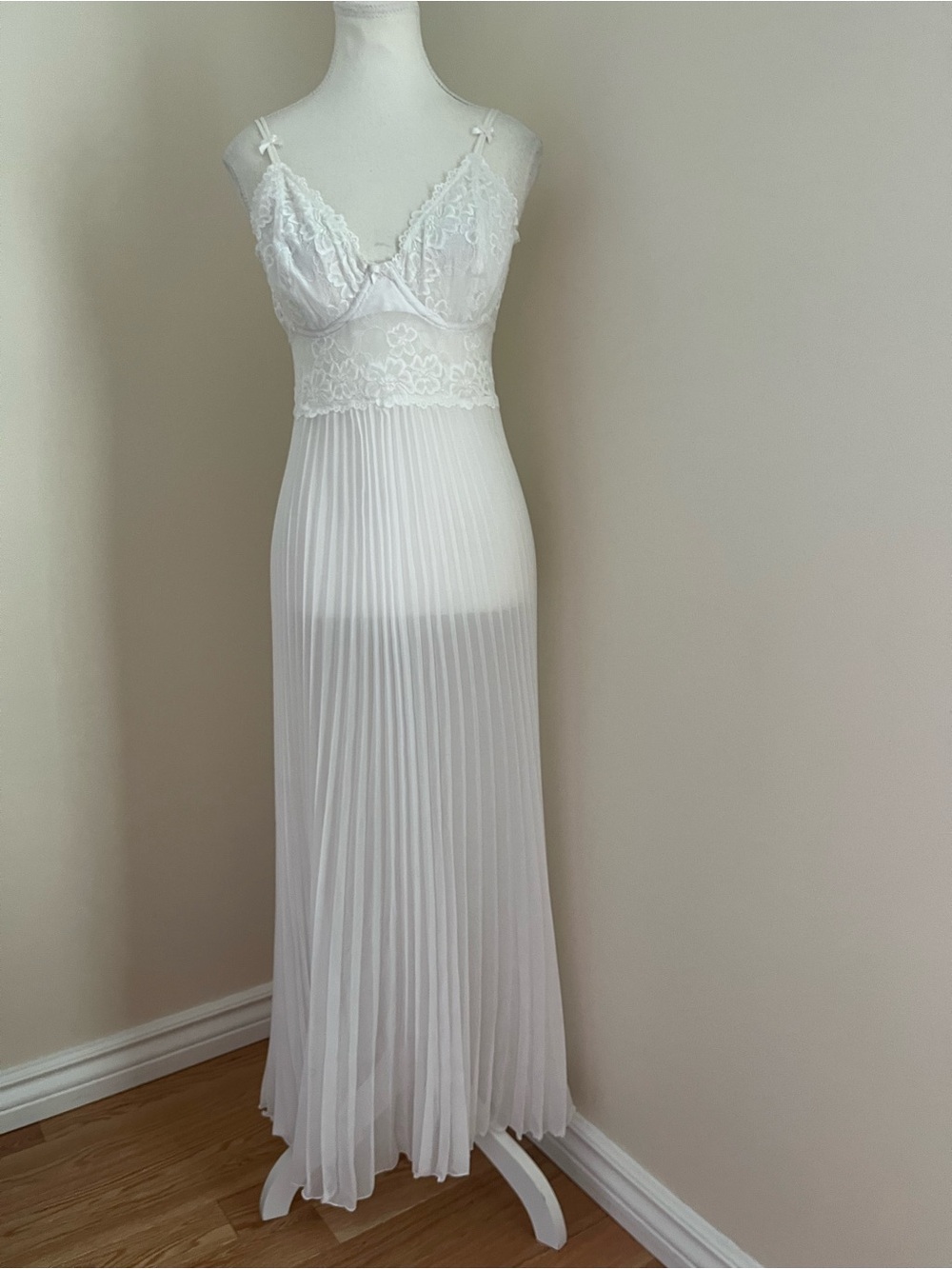 White Pleated Lace Maxi Slip Dress